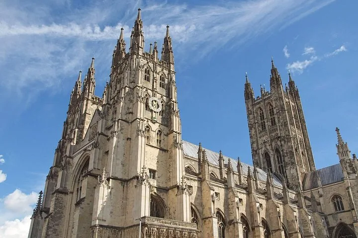Exterior view of Canterbury Cathedral featuring gothic architecture and twin towers